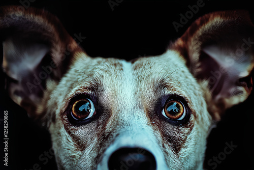 A close-up portrait of a dog with big, expressive eyes, set against a stark black background for a dramatic and captivating effect photo