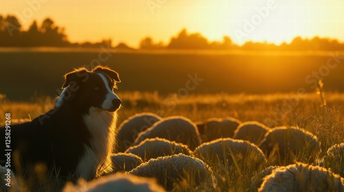 Border Collie Herding Sheep in a Pasture photo