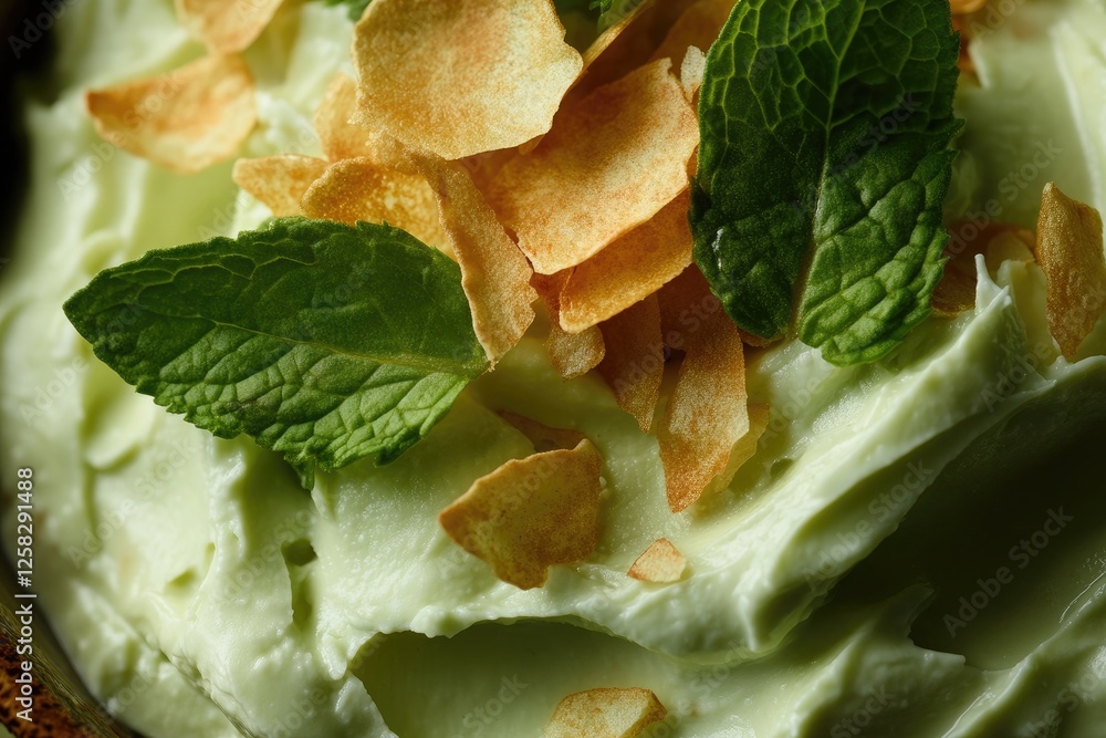 Creamy avocado yogurt dip topped with crispy garlic chips and fresh mint leaves Creamy avocado yogurt dip topped with crispy garlic chips and fresh mint leaves