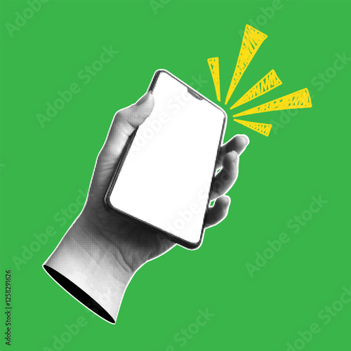 Collage with hand holding smartphone. Trendy banner with  human palms and mobile phone. Modern pop art with halftone effects. Vector  illustration.