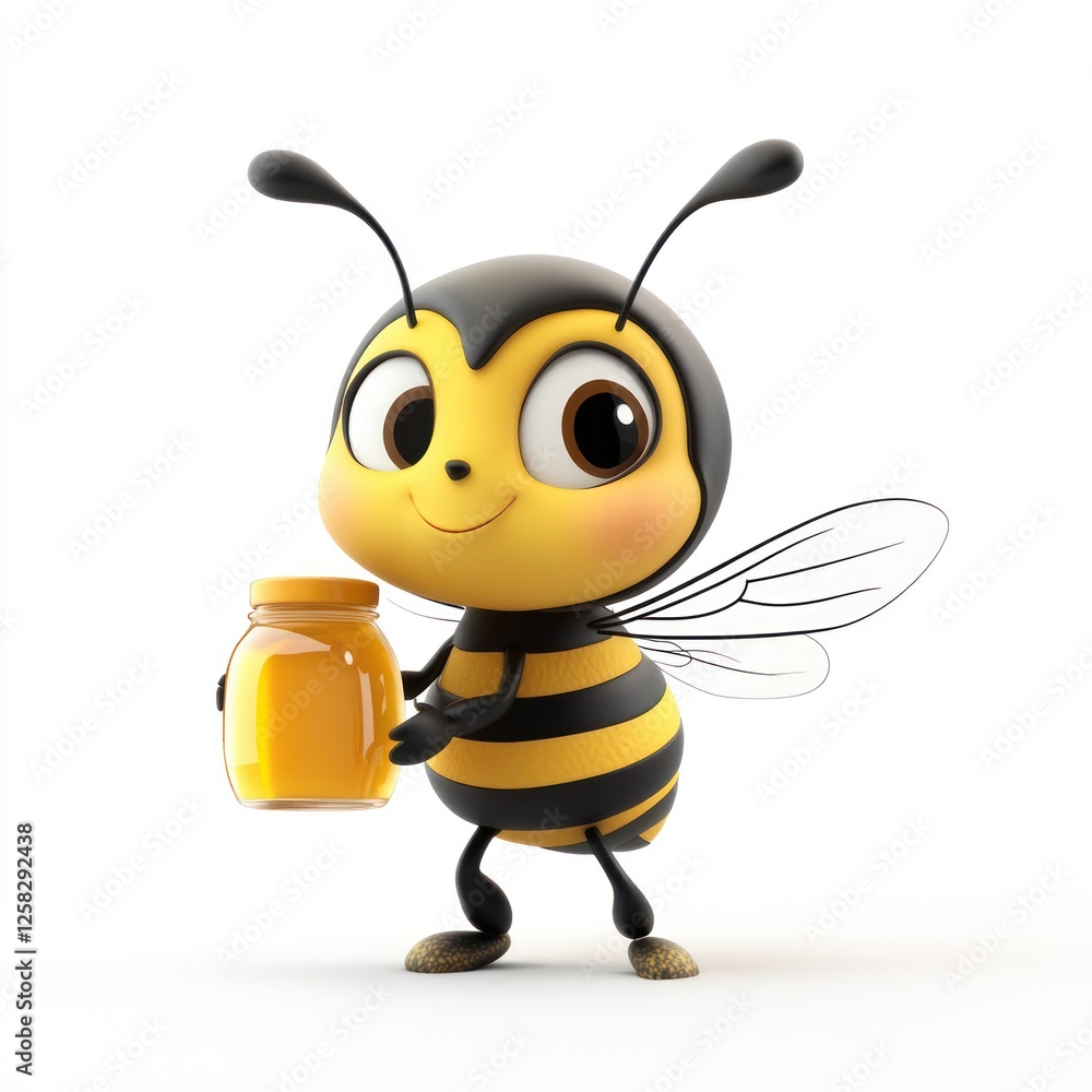 Cartoon bee holding honey jar, cheerful, isolated Cartoon bee holding honey jar, cheerful, isolated
