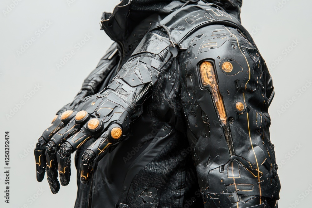 Futuristic arm armor, studio shot, cybernetic, grey background, sci-fi fashion Futuristic arm armor, studio shot, cybernetic, grey background, sci-fi fashion
