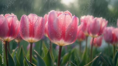 Vibrant tulip garden drenched by gentle rain showcasing the beauty of spring blossoms and nature’s freshness during early morning hours