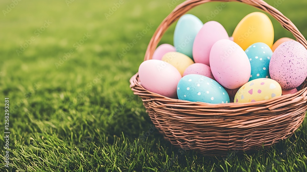 Woven Basket Overflowing with Colorful Festive Eggs Celebrating a Spring Holiday on Green Grass Woven Basket Overflowing with Colorful Festive Eggs Celebrating a Spring Holiday on Green Grass