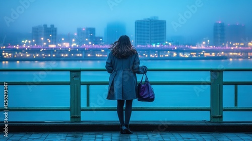 Woman Contemplates City Lights at Dusk Riverfront
