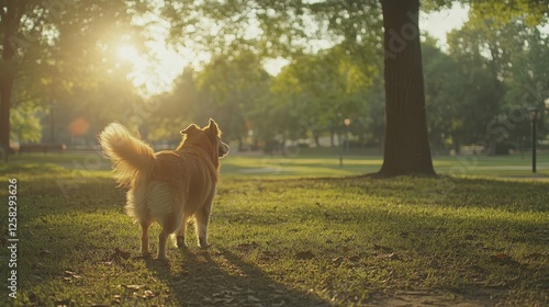 Golden Retriever Dog Stands In Sunset Park Grass photo