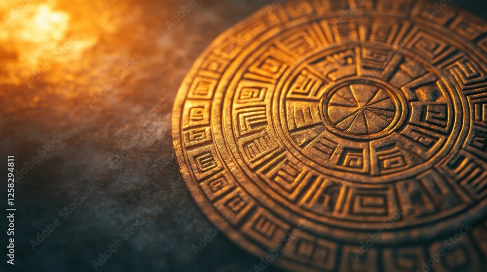Obraz premium A detailed ancient disc with intricate carvings, illuminated by warm light, resting on a textured surface.
