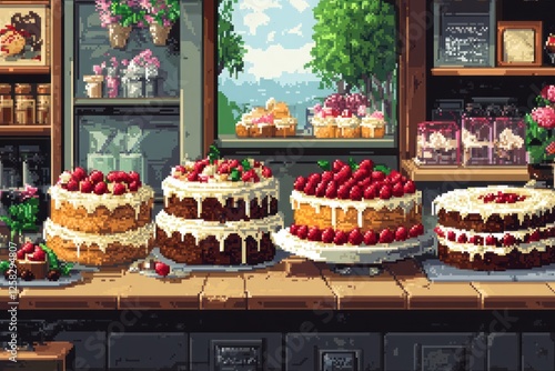 Pixel art bakery showcase strawberry cakes, pastries, idyllic view photo