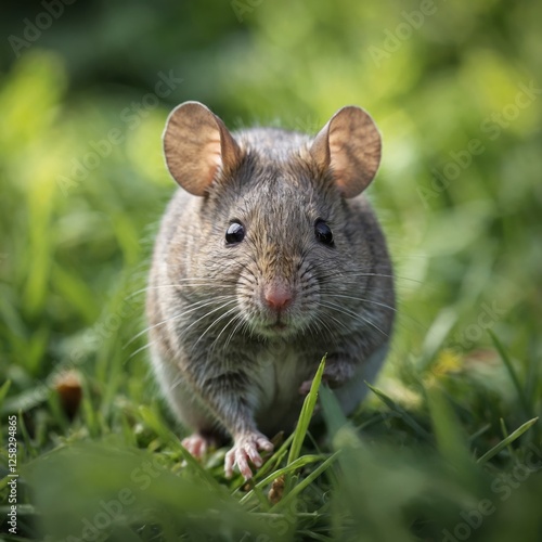 A charming field mouse gazes curiously from the grassy undergrowth, its whiskers twitching gently. photo