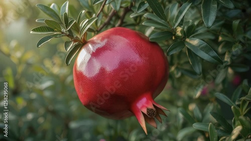 Red pomegranate fruit hanging on a green branch in a sunny garden during late summer showcasing its glossy skin and natural beauty