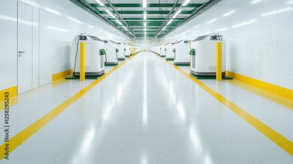 Electric vehicles and sustainability manufacturing, A clean, modern corridor features white walls and yellow lines, lined with futuristic machines, creating a high-tech atmosphere. Electric vehicles and sustainability manufacturing, A clean, modern corridor features white walls and yellow lines, lined with futuristic machines, creating a high-tech atmosphere.