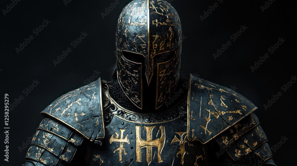 Dark Knight, Studio Portrait, Medieval Armor, Gold Detail, Black Background