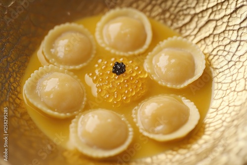 Delicate lobster ravioli with saffron butter sauce and caviar on an artisan plate in soft lighting photo