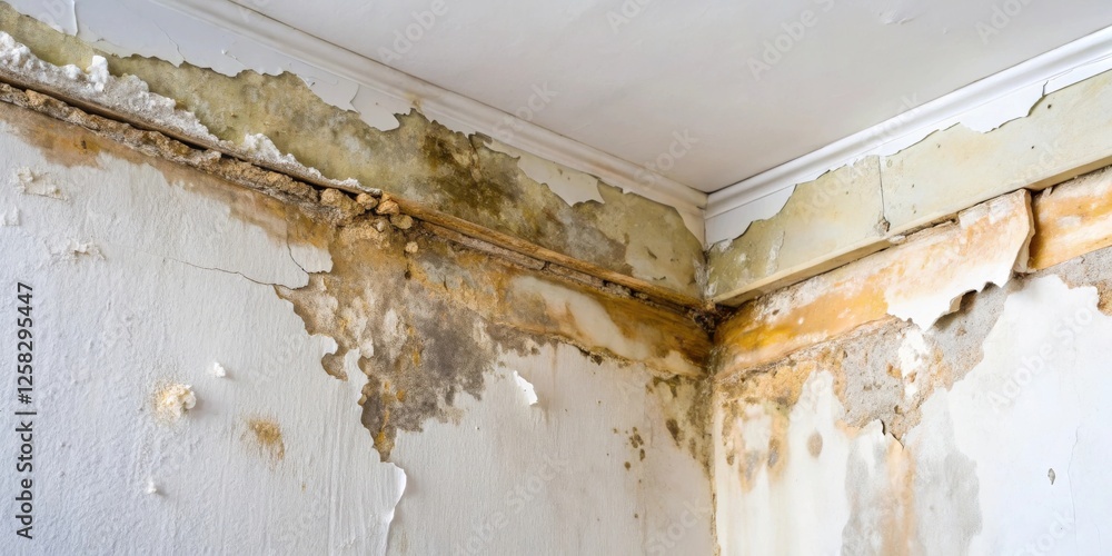 Severe Water Damage in a Room Corner Showing Extensive Mold and Plaster Degradation Severe Water Damage in a Room Corner Showing Extensive Mold and Plaster Degradation