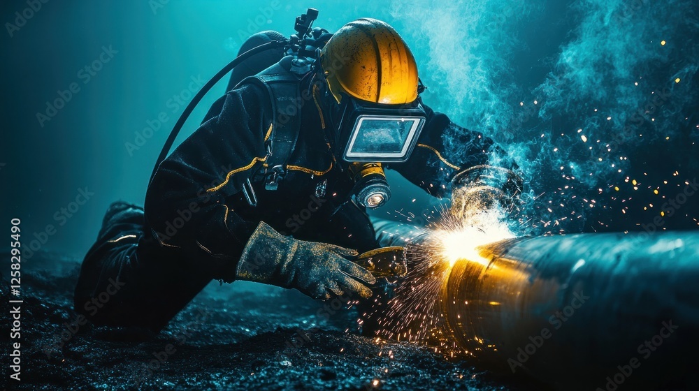 Fototapeta premium Underwater Welding: A Diver's Precision in Deep Ocean
