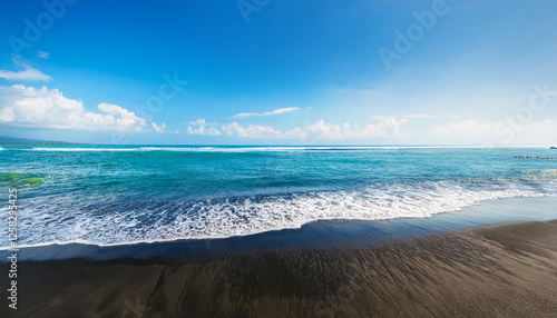 beautiful seashore with darkish sand bali sea inside the background on sunny summer day in pemuteran north bali coastline indonesia photo