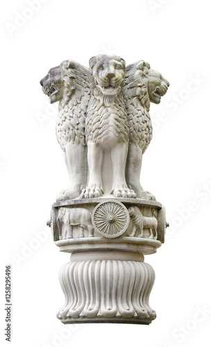 sculpture of emblem of India have four lion symbolizing power on top of the pole, isolated on white background