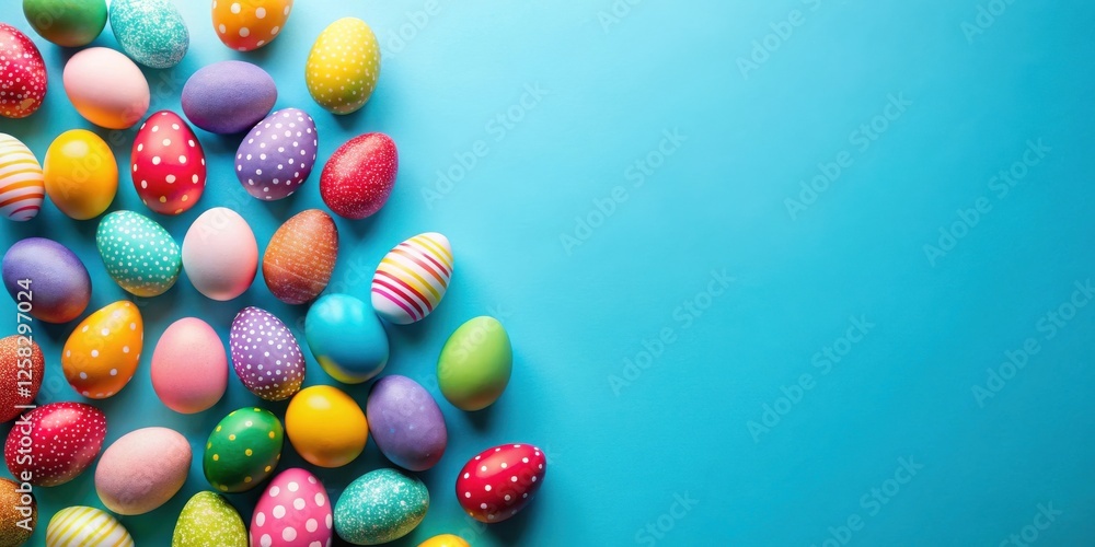 Fototapeta premium A vibrant collection of colorful eggs arranged on a bright blue background, perfect for spring celebrations and festive designs.