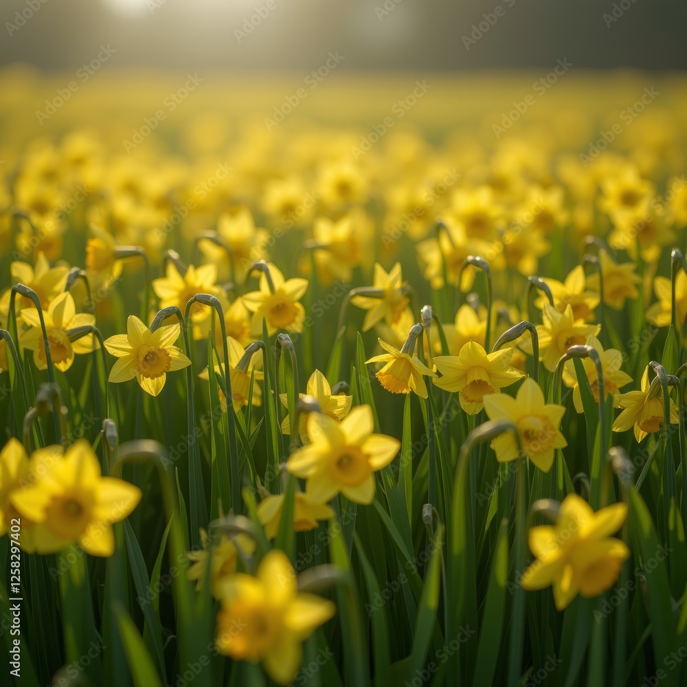 Fototapeta premium A vast field of vibrant yellow daffodils basking in the warm glow of the sun