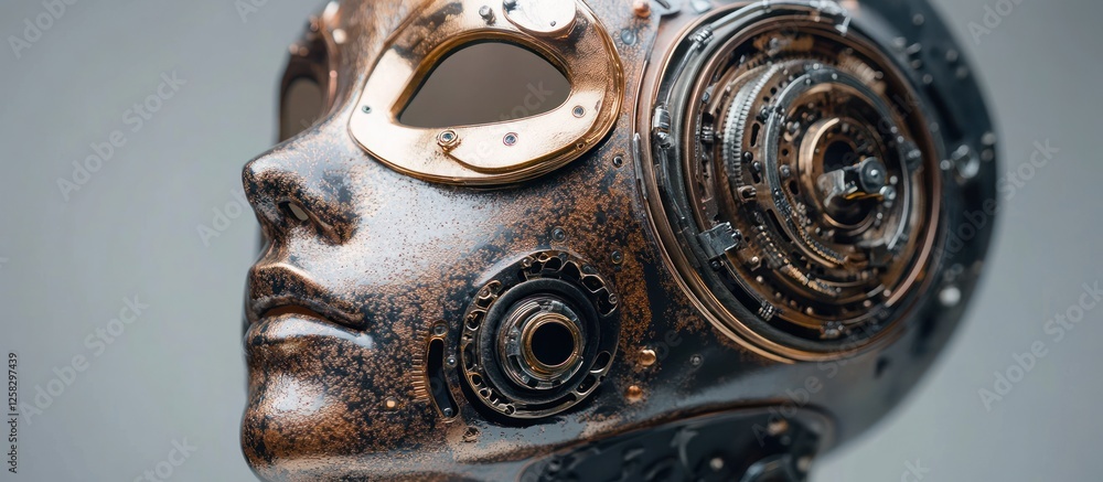 Bronze robotic face, gears exposed, studio shot, AI concept Bronze robotic face, gears exposed, studio shot, AI concept