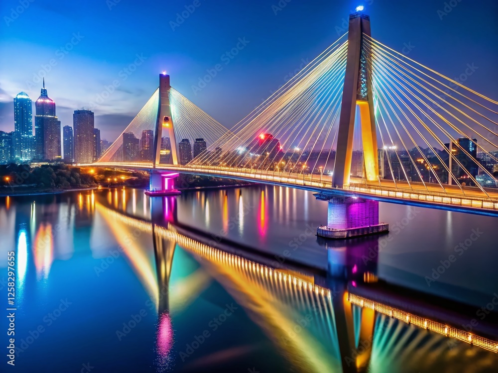 Fototapeta premium Nanjing's Stunning Cable-Stayed Bridge Night Lightscape: Illuminated Architecture and Cityscape