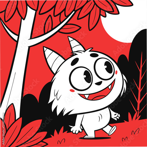 Illustrate a charming, mischievous sprite-like forest creature with large, expressive eyes and playful features, inhabiting a lush, mystical woodland setting.