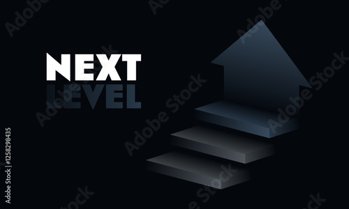 Business concept of next level in minimalist futuristic style. Illustration demonstrates illuminated steps with arrow up against a dark background. Movement toward a goal, progress and transition