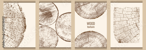 A set of posters with a cross-section of wood. Design for menu, cover, flyer, background, invitation. Tree growth layers close-up. Vector image.