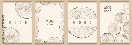 Collection of posters with wood pattern. Cross-section of a tree with layers of growth. Set of empty borders. Place for text. Design for cover, flyer, menu, poster, invitation. Vector image.