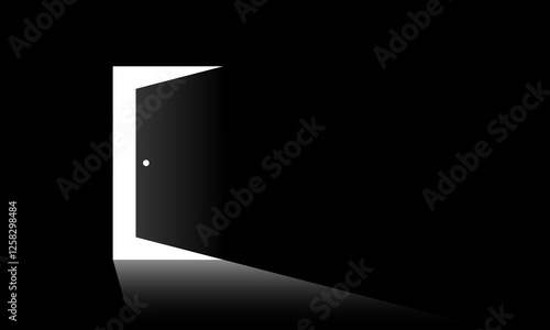 Minimalist digital illustration of a partially opened door casting white light into darkness. Business concept of new possibilities, finding new solutions, hope and exit. Vector illustration