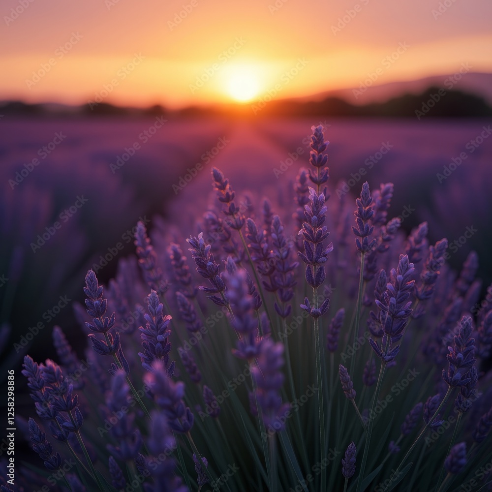 Fototapeta premium A vast lavender field at sunset with the sun casting a golden glow over the landscape