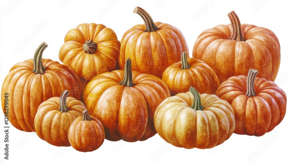 A hand-drawn set of pumpkins in various sizes and shapes, with intricate line details and soft shading A hand-drawn set of pumpkins in various sizes and shapes, with intricate line details and soft shading