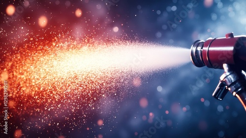 Fire suppression system extinguishing blaze, sparks, bokeh background, safety