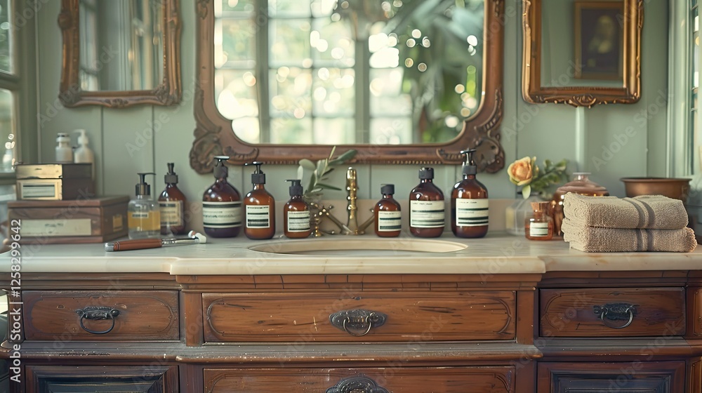 Fototapeta premium Antique Vanity Featuring Stylish Bathroom Products