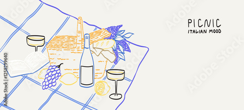 La Dolce vita lifestyle illustration in line doodle style for romantic event menu, invitation, poster, placard. Picnic in french or italian style with wine, cheese, bread. Elegant breakfast or brunch.