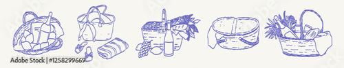 Dinner on fresh air illustration in line doodle style for romantic event menu, invitation, poster, placard. Picnic baskets in french or italian style with wine, cheese, bread for breakfast or brunch.