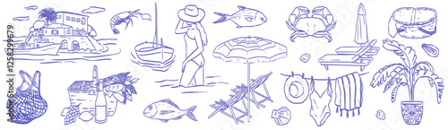 Italian or Spanish summer woman vacation doodle style illustration set. Vector ink hand drawn Italy coast sea or beach elements. Sea weekend or rest collection for invitations to beach party, picnic.