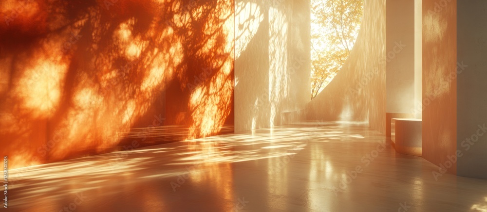 Obraz premium Golden sunlight filters through trees, casting shadows in a minimalist interior space