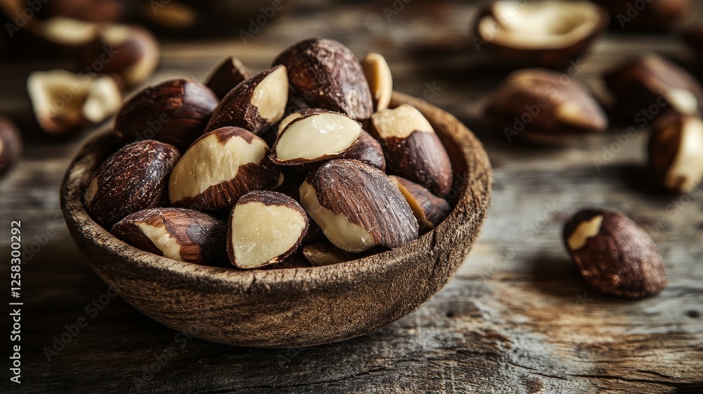 Detailed macro of Brazil nut on old wooden texture