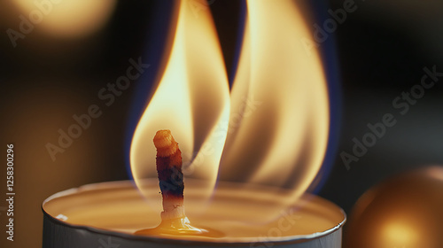 Closeup of a burning tea light candle, showcasing the warm, flickering flame and melted wax.  Perfect for themes of relaxation, meditation, or peaceful ambiance. photo