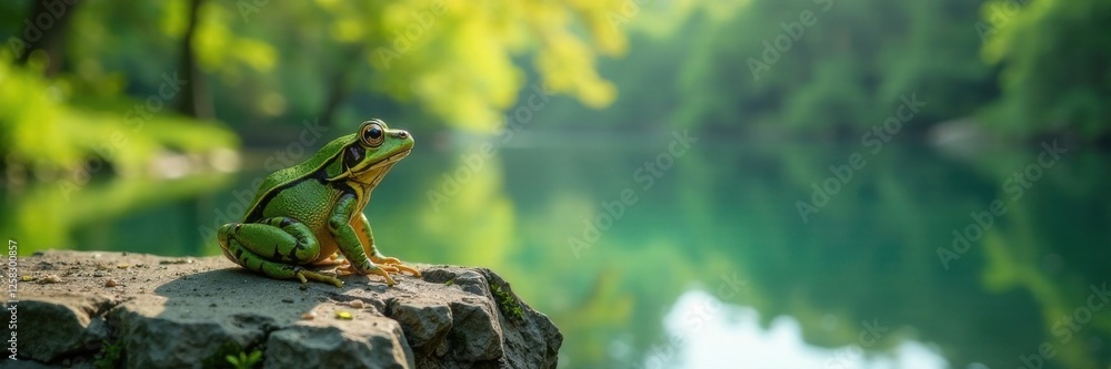 Frog sitting on a rock, looking out at a serene lake, bird, trees, rock Frog sitting on a rock, looking out at a serene lake, bird, trees, rock