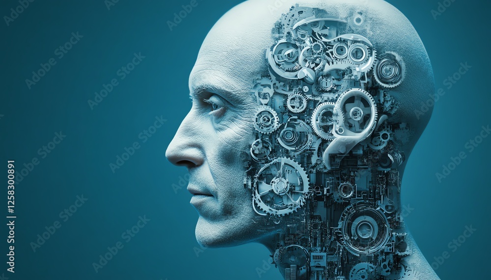 Obraz premium Profile of human head with visible gears, blue abstract background, complex mechanical and digital theme, futuristic design