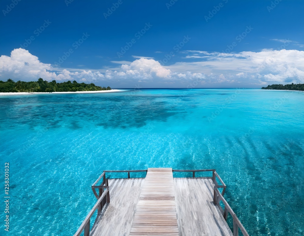 Obraz premium Top view from the input dock which leads to a tropical paradise, with clear blue sea water