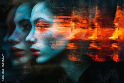 Woman, fire, double exposure, city, night, motion blur, portrait, artistic, emotion, urban, conceptual