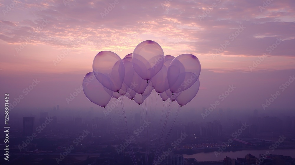 Fototapeta premium Pale pink balloons float against a hazy cityscape sunset.