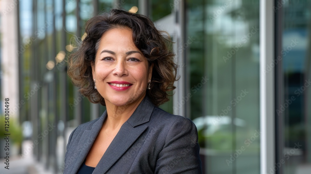 Confident businesswoman in professional attire smiling outside modern office building with glass facade and natural light Confident businesswoman in professional attire smiling outside modern office building with glass facade and natural light