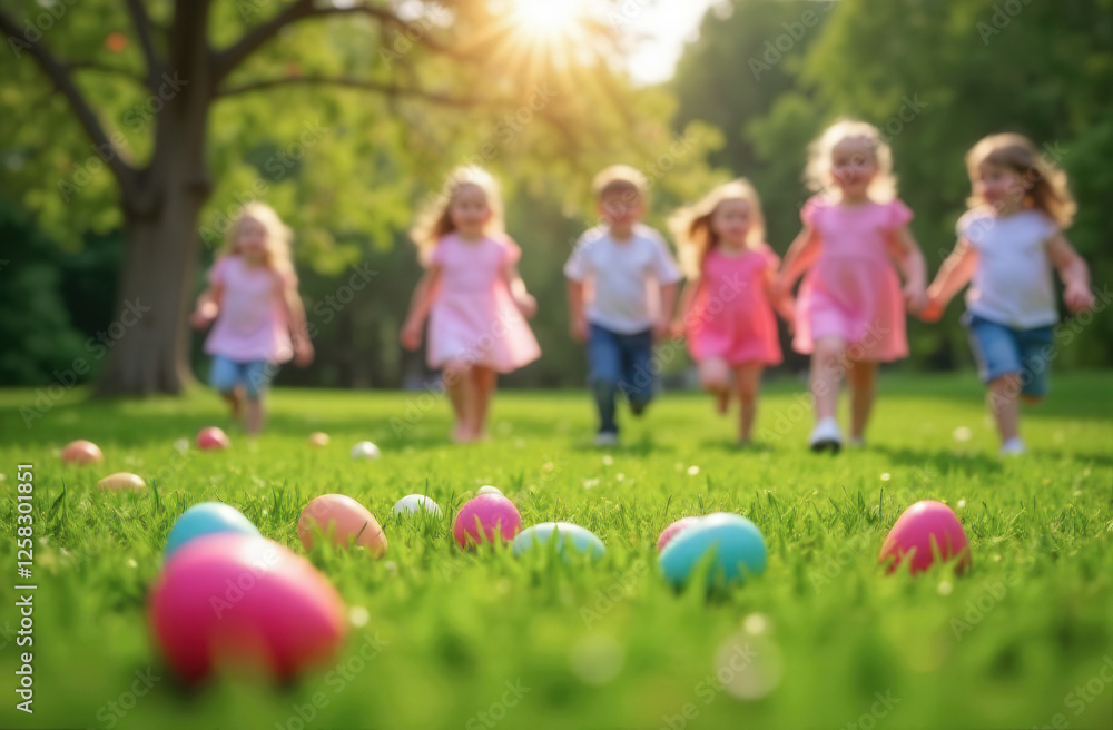 Obraz premium easter egg hunt. small kids boys and girls run to collect eggs scattered in grass of outdoor natural park. focus on eggs, children out of focus.
