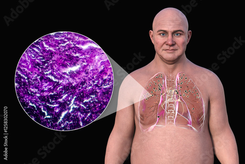 Man with silicosis, 3D illustration and light micrograph photo