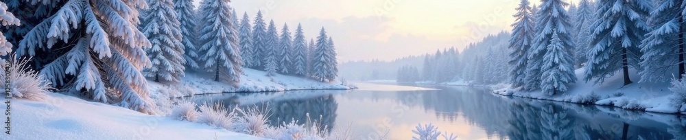 Frosty forest landscape with snow-covered trees and frozen lake, forest, snow, snowy Frosty forest landscape with snow-covered trees and frozen lake, forest, snow, snowy