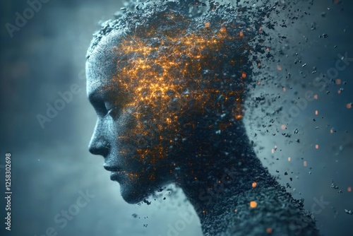 Crumbling Woman, fiery head, dark sky, digital art, album cover